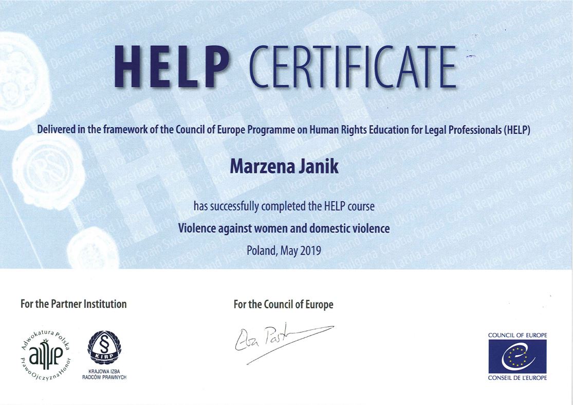 Mecenas Marzena Janik otrzymała certyfikat europejskiego programu HELP